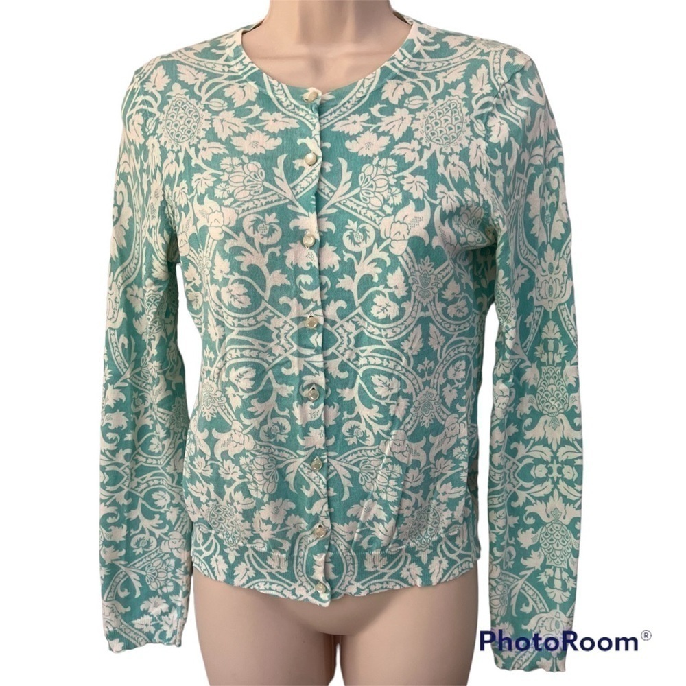 𝅺ann Taylor LOFT teal & white detailed button up sweater, S, floral pineapples.